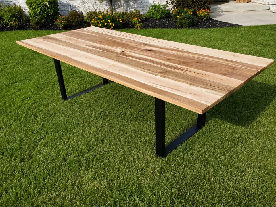 Ambrosia maple table with random width lamination and black steel box legs