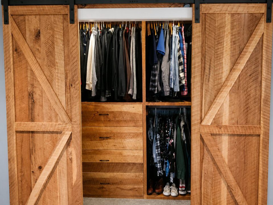 Cherry closet with circle sawn barn doors, dovetail drawers and custom hangers