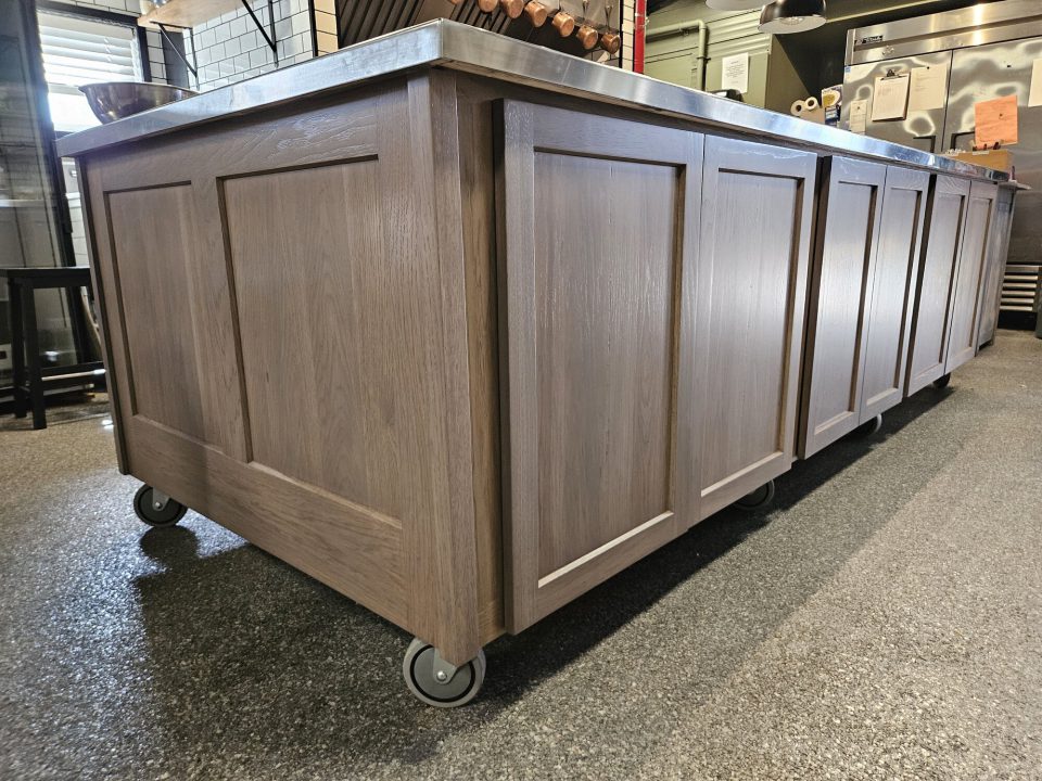 Commercial island refacing with hickory doors and end panels, custom stain match