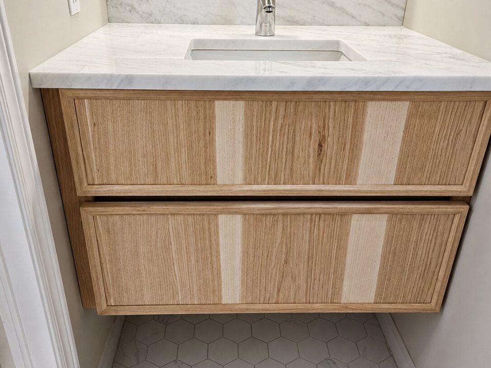Grain matched slim shaker hickory floating vanity