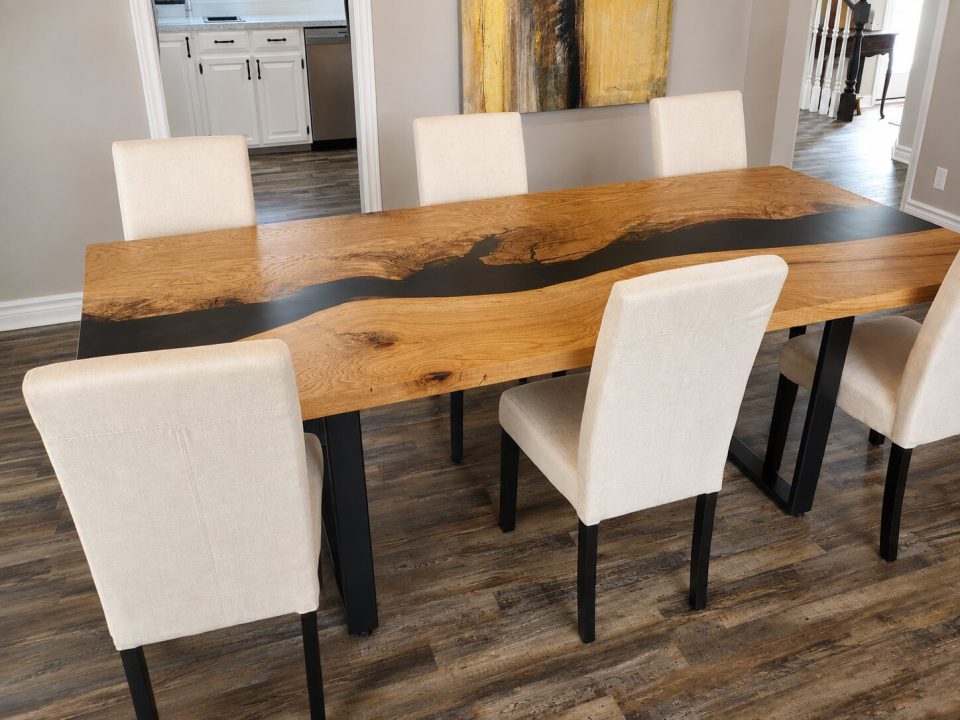 Live edge black oak epoxy river table with smokey black epoxy and black metal box legs