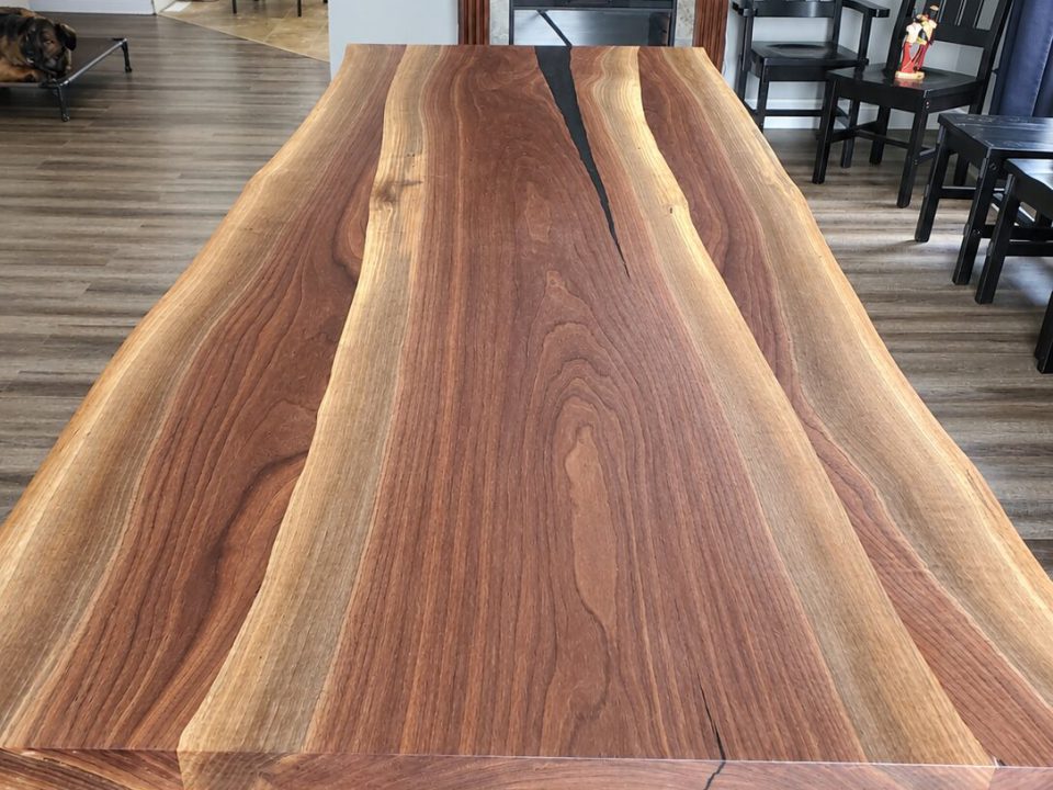 Live edge black walnut scribe laminated table