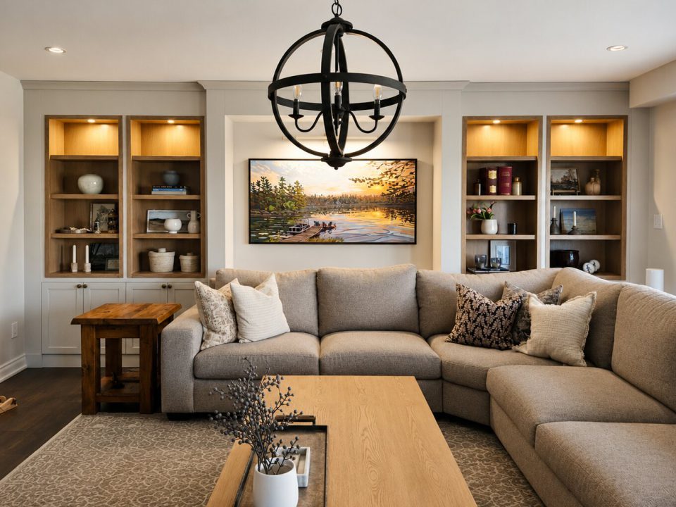 Living room built-ins: integrated shaker cabinets, white oak face frame open shelves and LED lighting