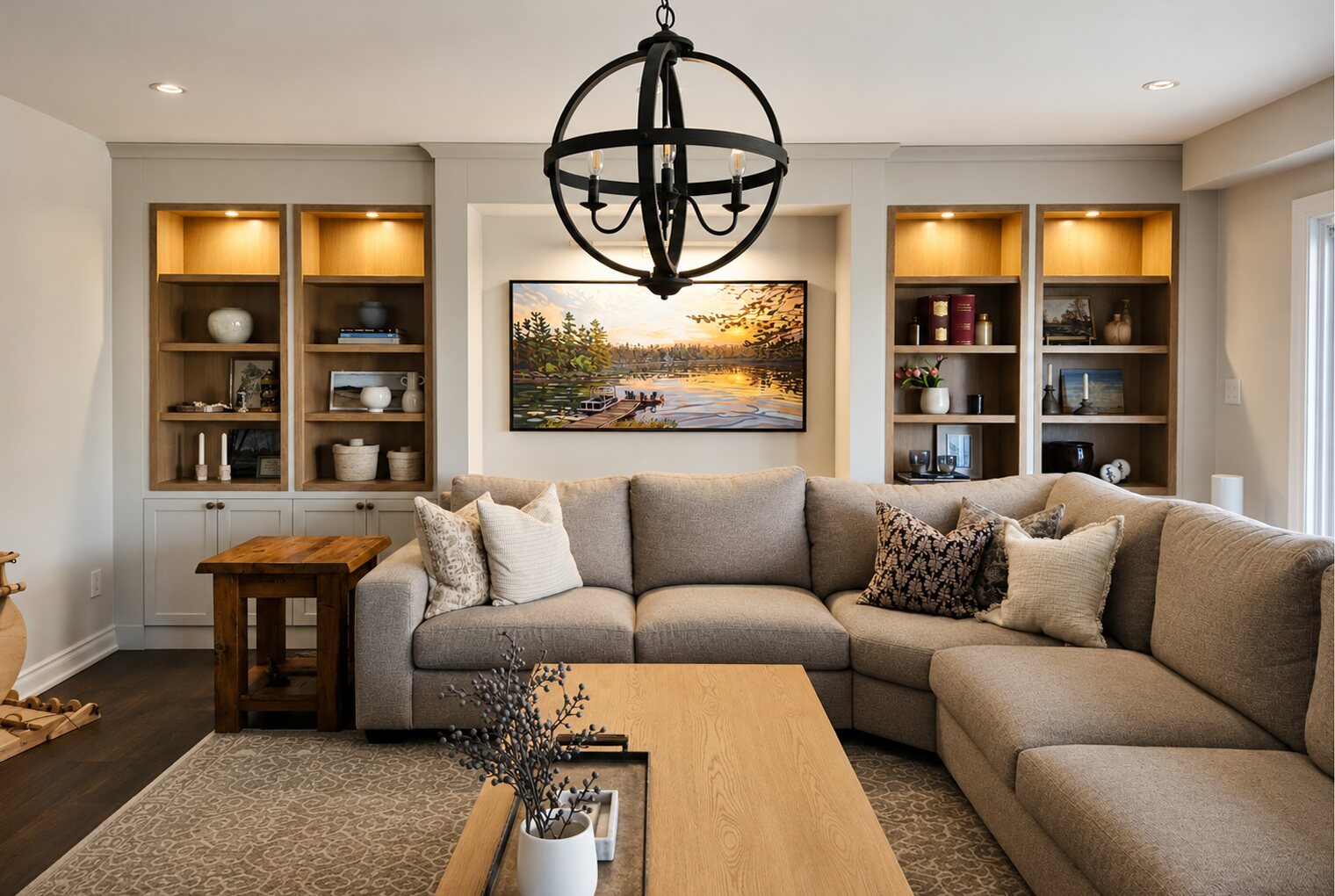 Living room built-ins: integrated shaker cabinets, white oak face frame open shelves and LED lighting