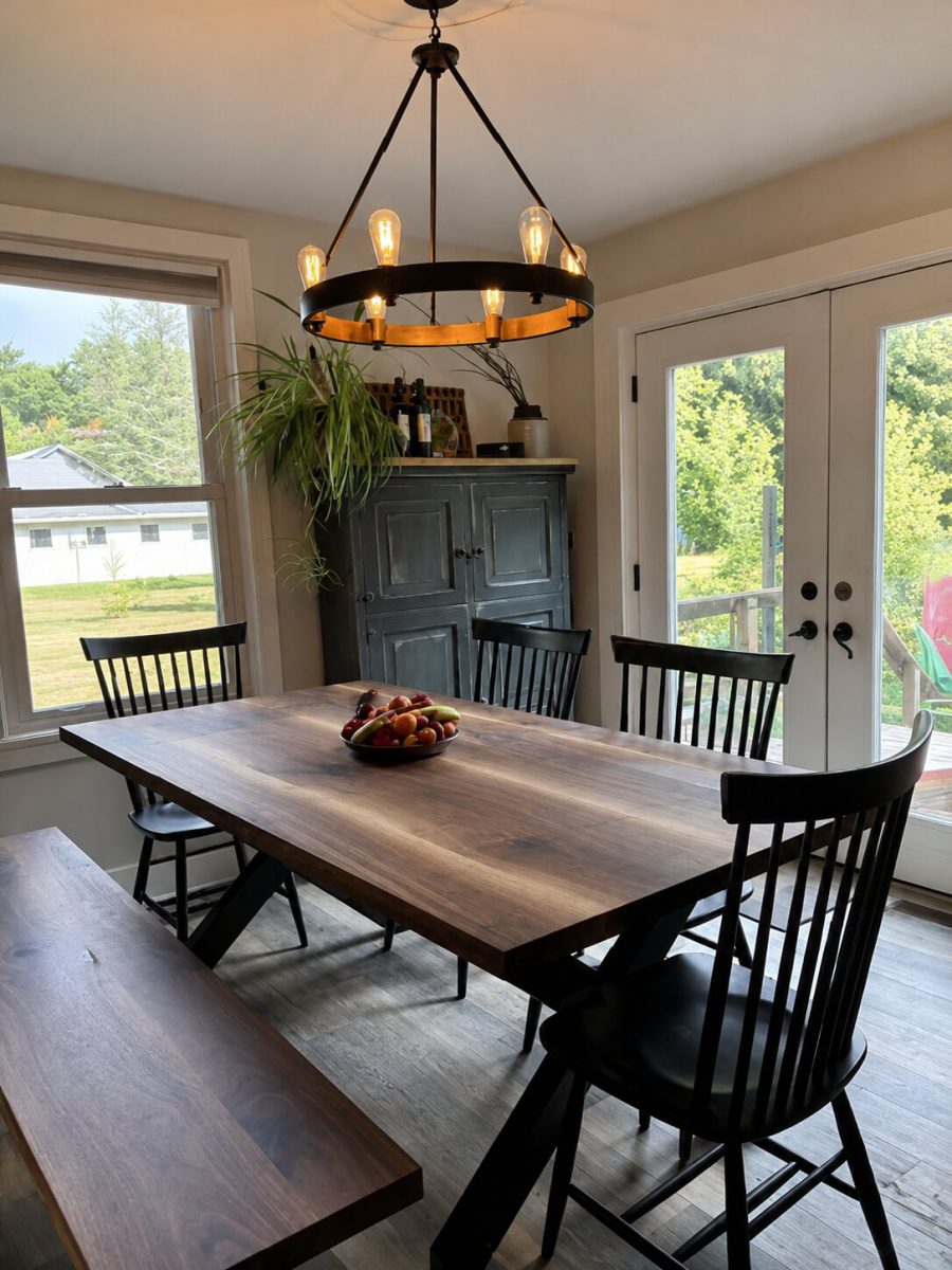 Natural walnut table with bookmatch laminated top and black painted wood X legs
