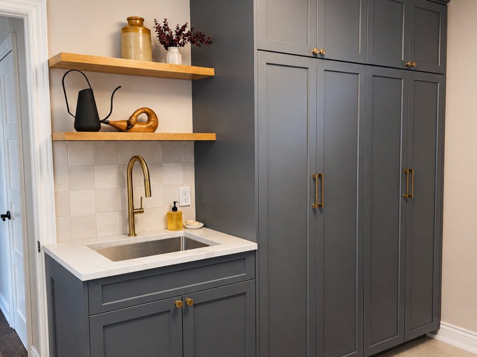 Ocean blue laundry and mud room cabinets with white oak floating shelves