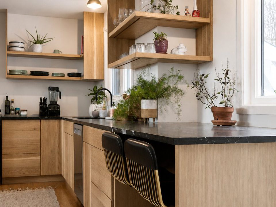 Quarter sawn oak slab doors with open upper floating shelves