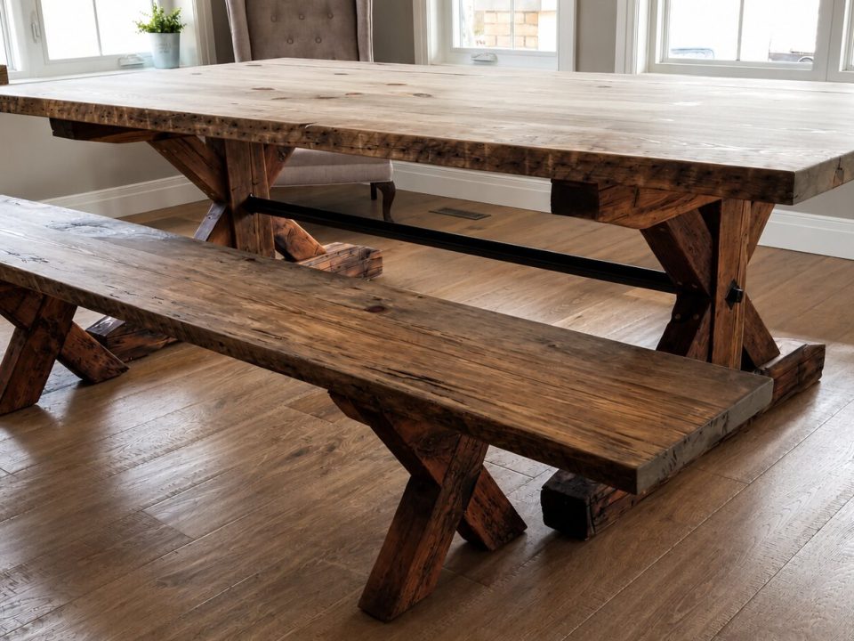 Farmhouse table and bench made from reclaimed hemlock barn beams