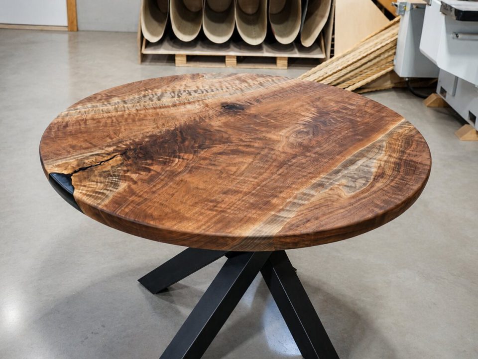 Round black walnut table with starburst metal legs