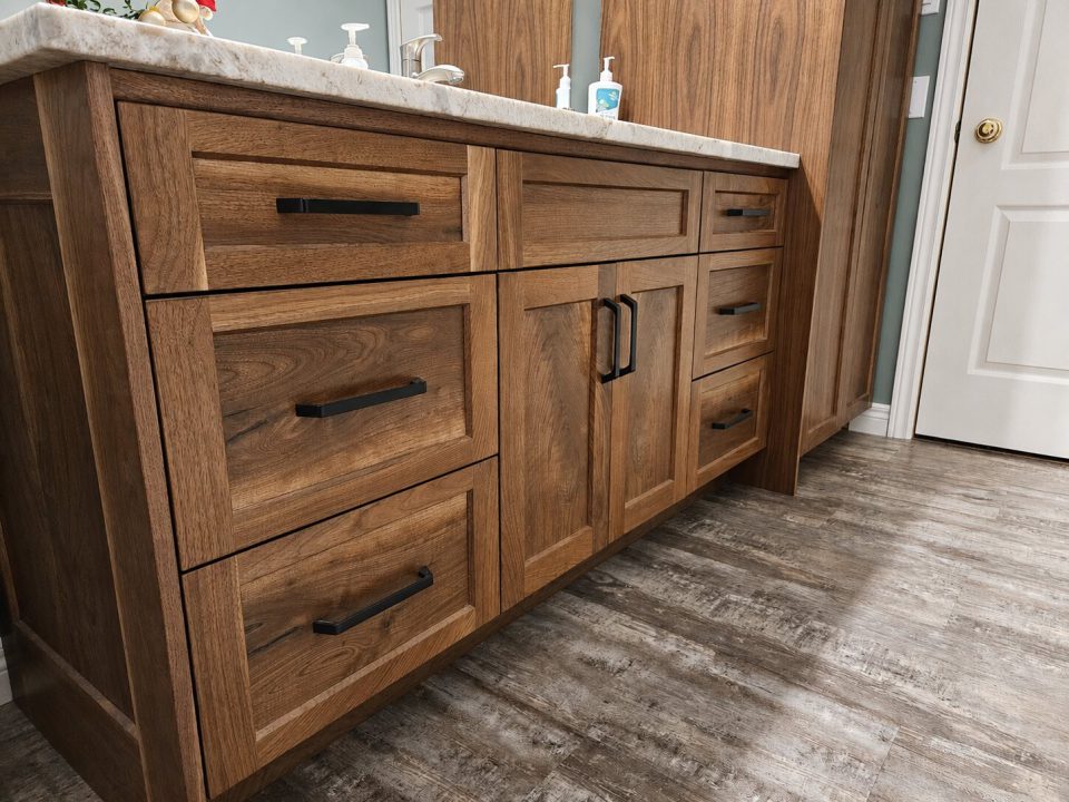 Shaker walnut vanity with single piece slab panels and book matched grain