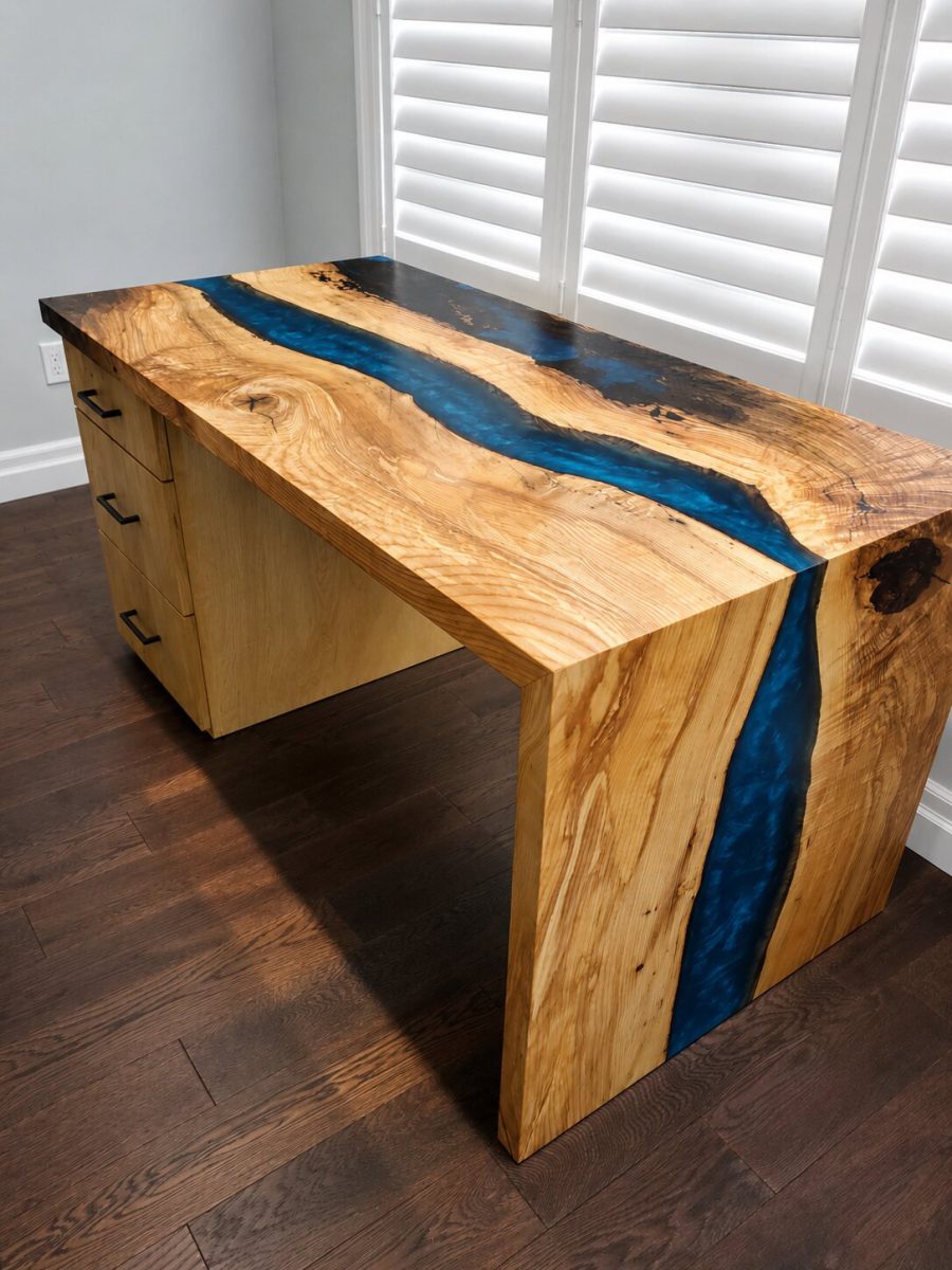 White ash waterfall river top desk with blue epoxy