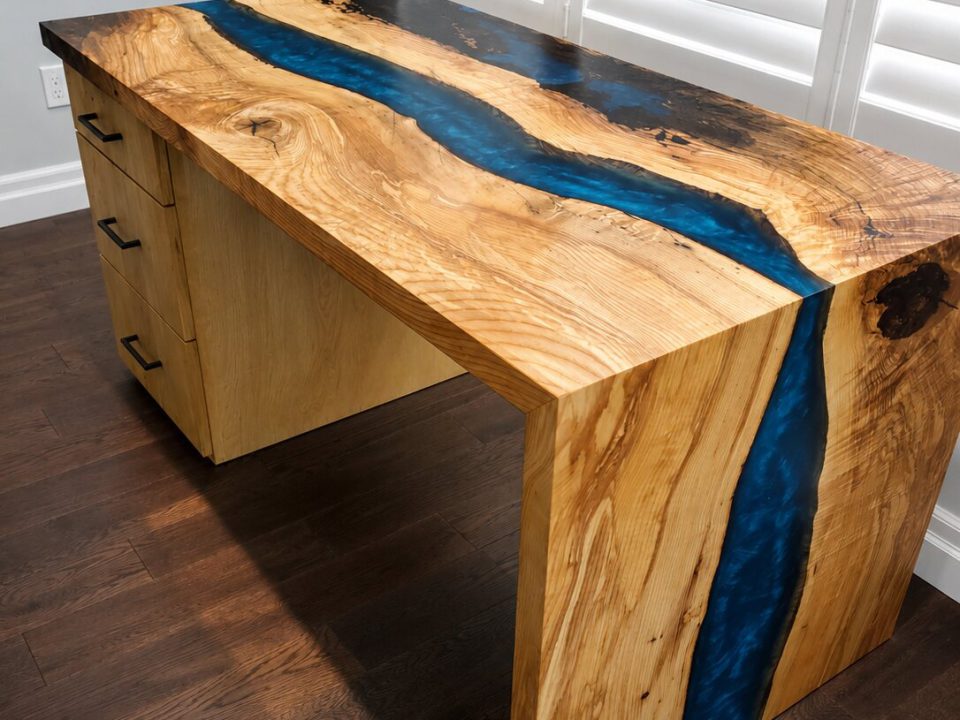 White ash waterfall river top desk with blue epoxy