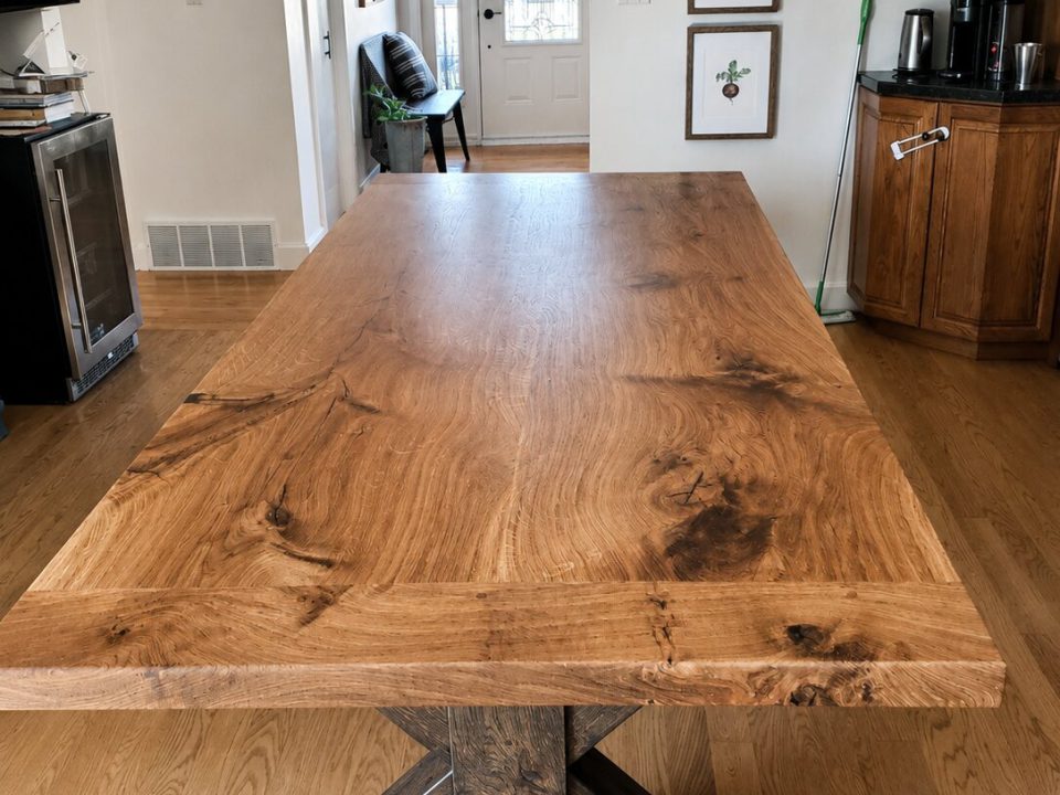White oak book match laminated table with breadboard ends