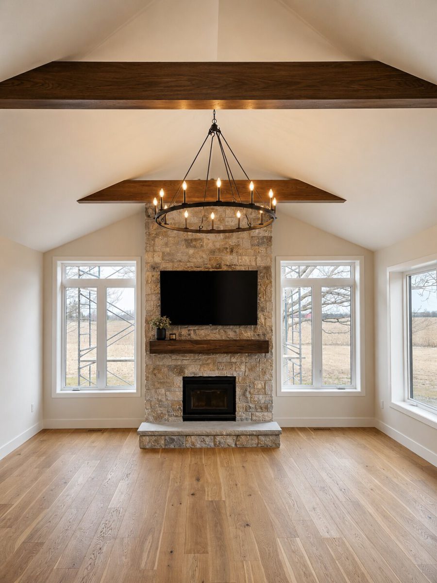 White oak miter locked faux beam mantle and ceiling beams