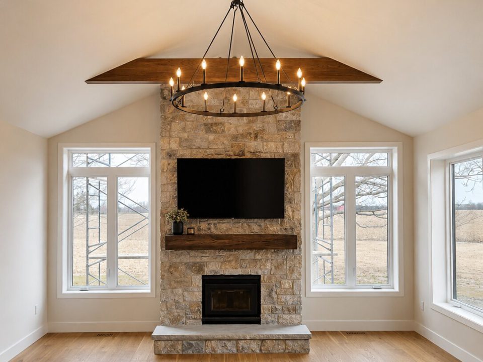 White oak miter locked faux beam mantle and ceiling beams