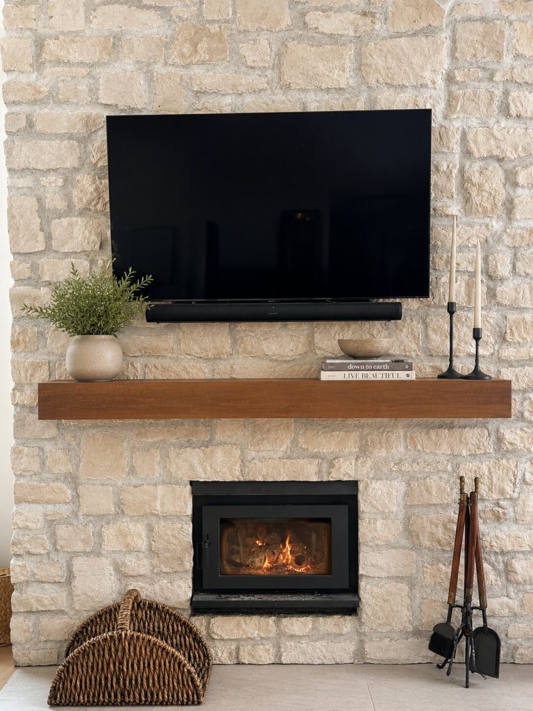 White oak miter locked faux beam mantle