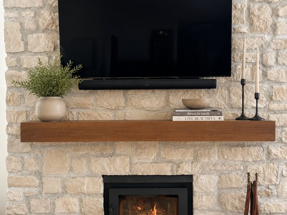 White oak miter locked faux beam mantle