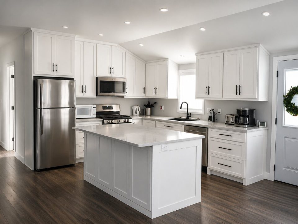 White painted shaker cottage kitchen, scribe fit to a cathedral ceiling