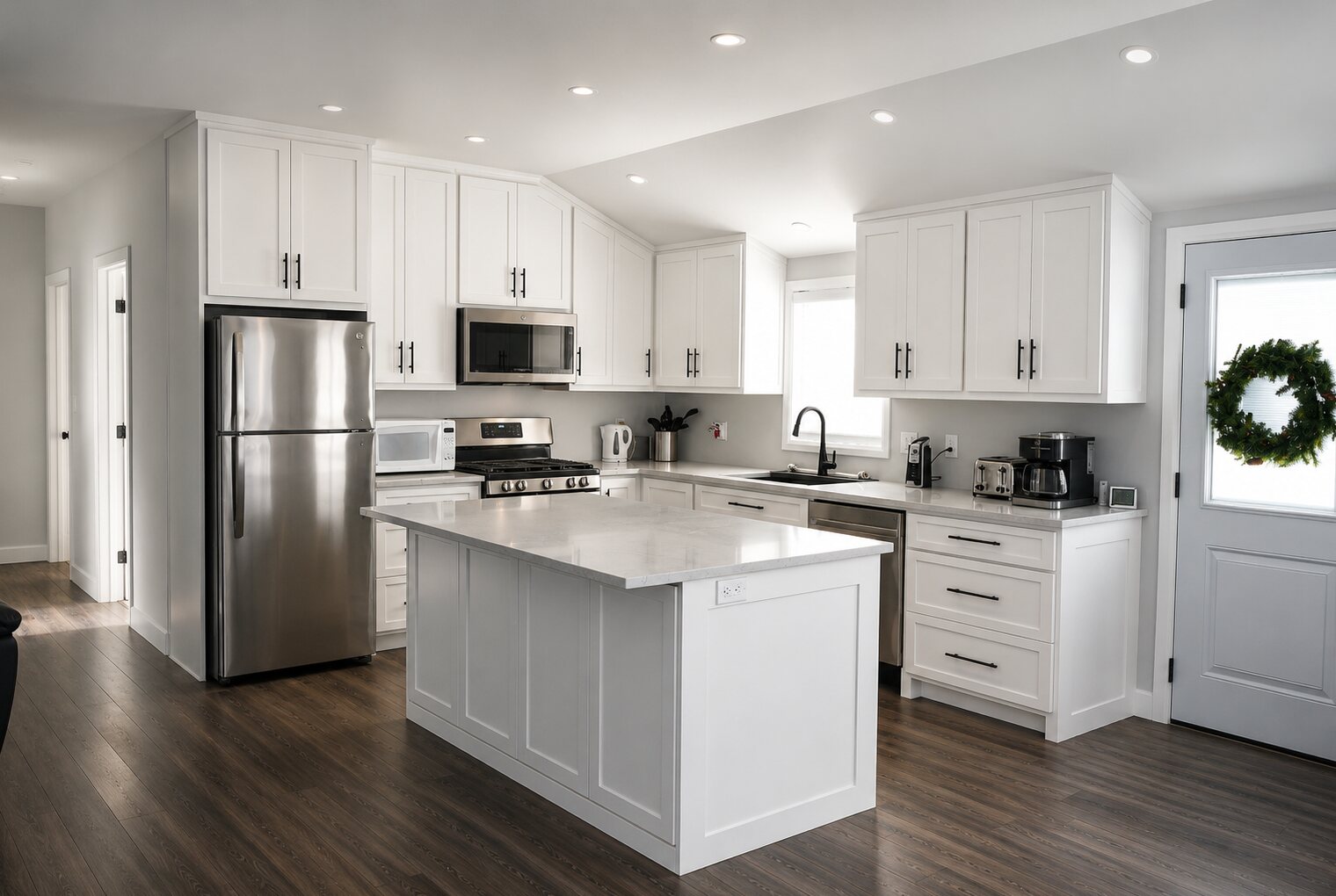 White painted shaker cottage kitchen, scribe fit to a cathedral ceiling